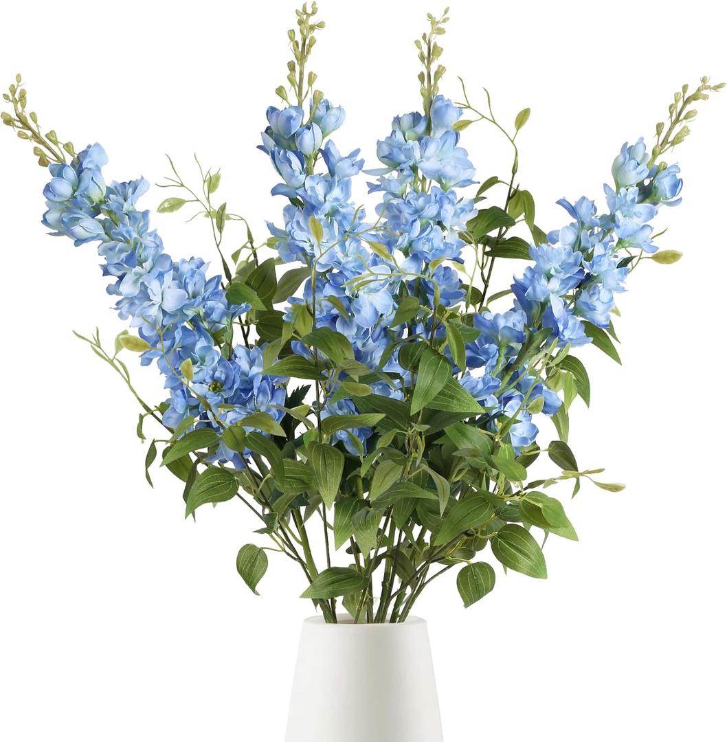 8PCS Blue Delphinium Artificial Flowers 29.5" Combo Clematis Greenery 23.6" Long Stem Flowers for Tall Vase Larkspur Silk Flowers Floral Arrangements Table Party Home Decor (Ice Blue)