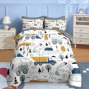 Nesker 5 Pcs Comforter Set Twin Size, Cute Cars Truck Tractor Bedding for Kids Teen, Cargo Crane Bulldozer Excavator Bed Sheet with Pillowcase & Sham