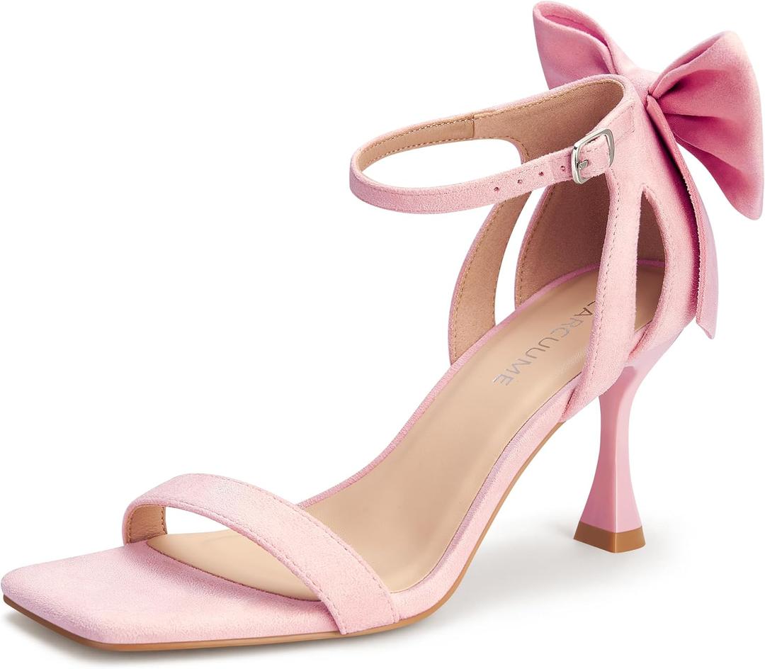 Carcuume Women's Square Toe Heels Bow Tie Ankle Strap Heel Sandals Open Toe Wedding Shoes 8