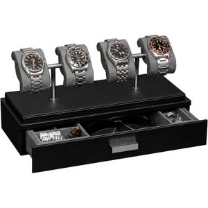 ROTHWELL Luxury Watch Display Case for 4 Watches – Leather Watch Box with Acrylic Cover and Removable Slide in Cushions – Accessory Drawer with Multiple Configurations (Black/Grey)