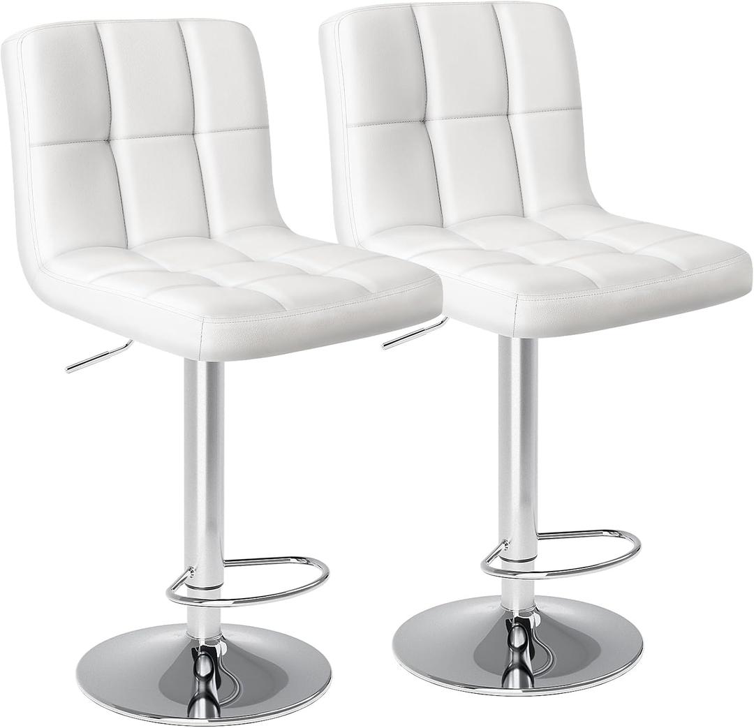 DUMOS Bar Stools Set of 2, Armless Adjustable Swivel Barstools, PU Leather Hydraulic Kitchen Counter Height Bar Stools, Thickened Seat Cushion Square Island Barstools with Back, White