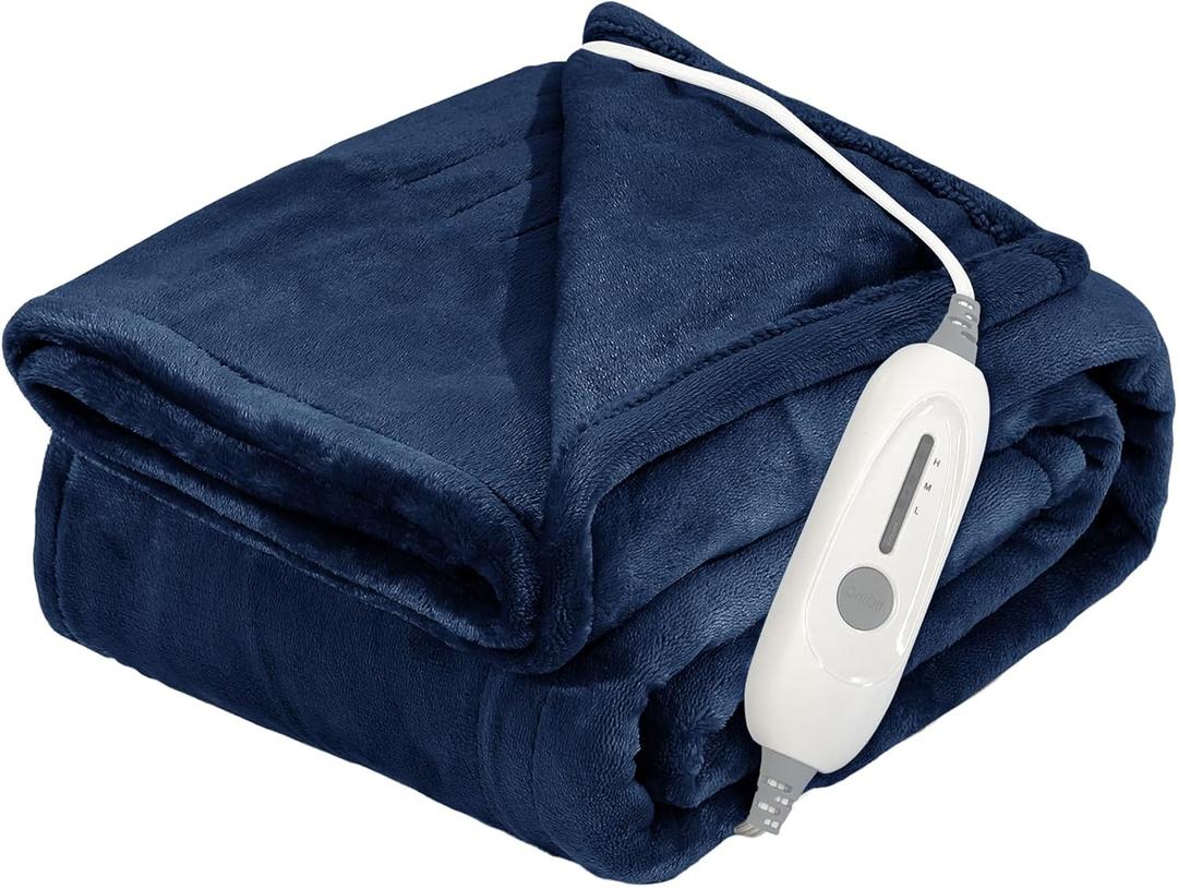 Electric Heated Blanket Throw, Super Soft Flannel 50" x 60" Heating Throw with 3 Fast Heating Levels & 4 Hours Auto Off, Machine Washable, ETL&FCC Certification, Home Office Use, Blue 