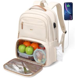 MDODO Lunch Backpack for Women Men,15.6Inch Insulated Lunch Box Backpack with USB Charging Port, Diaper Laptop Back pack for Travel Picnic Work Teacher Nurse,Beige