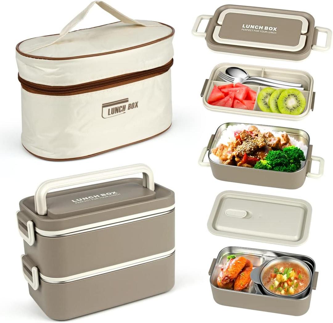 Bento Box Adult Lunch Box, Portable Insulated Lunch Containers Set, 2-Tier Stackable Stainless Steel Bento Boxes with Thermal Lunch Bag Soup Bowl, Leakproof Food Container (Beige)