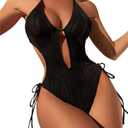 PURFUN Sexy Deep V Neck One Piece Swimsuit Women Adjustable Tie Side Bottom Backless Halter Top Swimwear Holiday Travel Beach Pool Party High Waist Bathing Swimming Suit Black Size XL