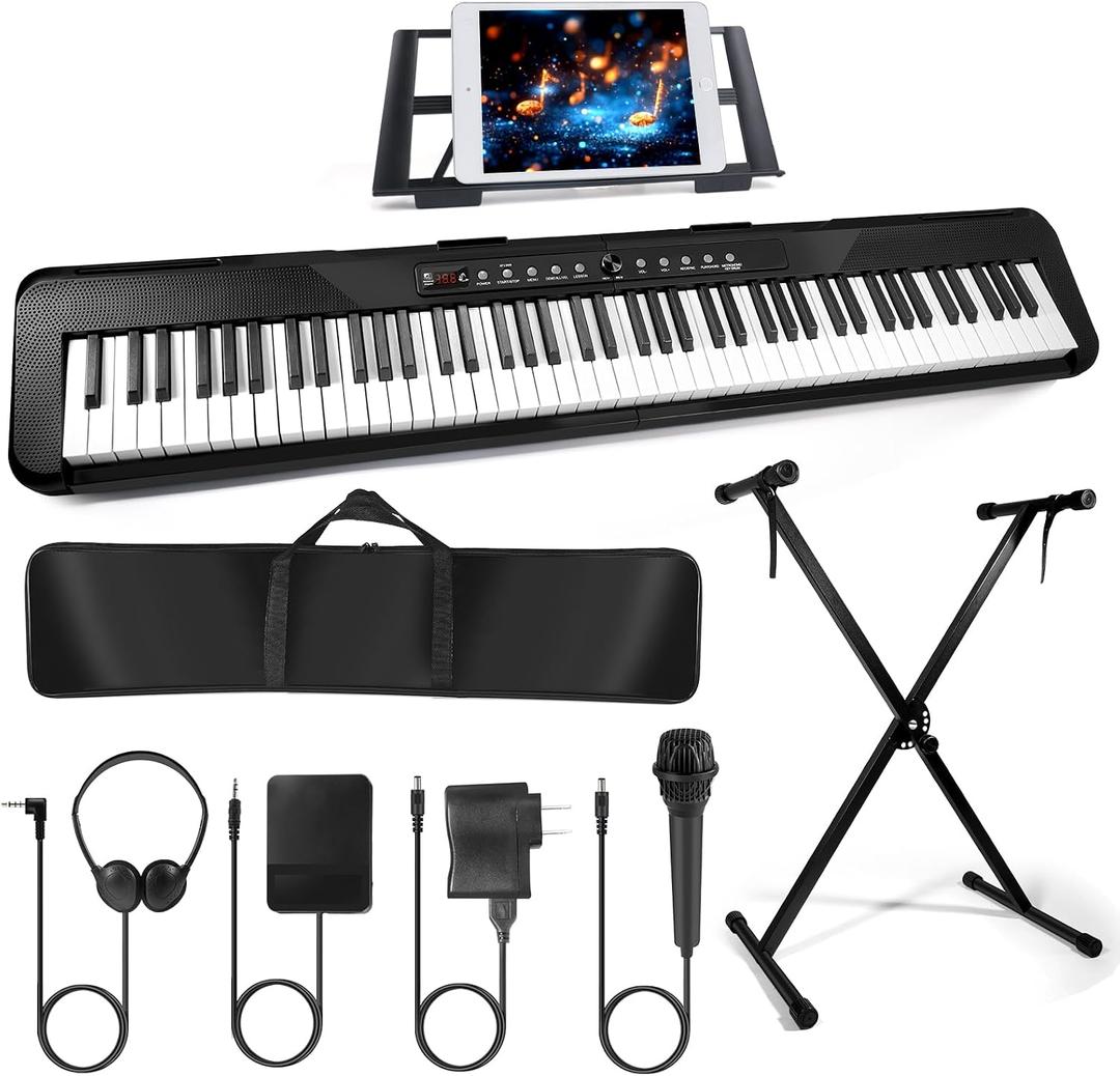 88 Key Piano Keyboard, Electric Digital Piano with Semi Weighted Keys, Keyboard Piano with Sustain Pedal, Power Supply, Stand, Carrying Case, Headphones, USB-MIDI Compatibility, for Beginner Adults