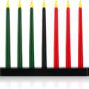 8 Pieces Kwanzaa Kinara Set 7 Kwanzaa LED Candles and 1 Candle Holder Flameless Battery Powered Electric Taper Candle with Wood Stand(Classic Style)