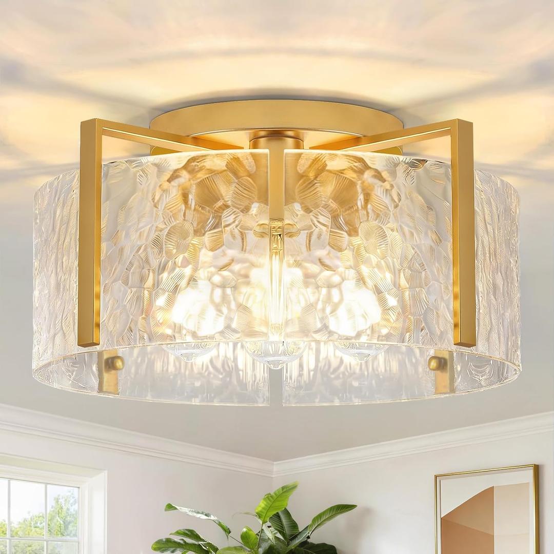 16'' Modern Gold Semi Flush Mount Ceiling Light, 4-Light Glass Drum Light Fixtures, Ceiling Lights for Hallway Entryway Bedroom Kitchen Canteen Bedroom Laundry Room Lighting Fixture Bulbs not Included