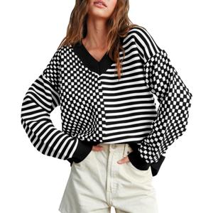 Women's Sweater Pullover Tops Knit V Neck Striped Checkered Winter Spring Long Sleeve Casual Fashion 2026 Lightweight Clothes Black M (M)