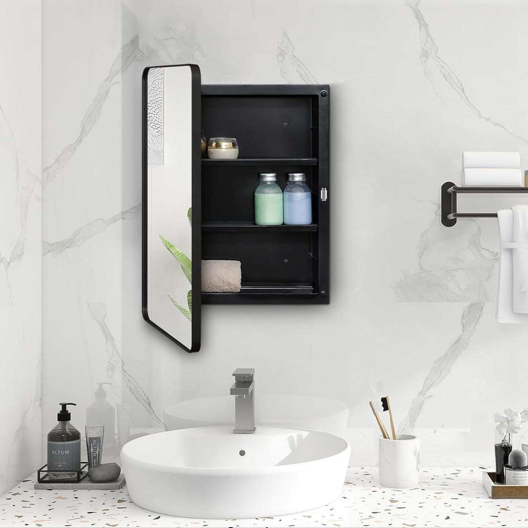 Fundin Plastic Black Medicine Cabinet, Mirror Door with Round Corner Metal Frame, Recessed and Surface Mount Bathroom Medicine Cabinet, 16 x 22 inch Mirror Size Fundin Plastic Black Medicine Cabinet, Mirror Door with Round Corner Metal Frame, Recessed and Surface Mount Bathroom Medicine Cabinet, 16 x 22 inch Mirror Size
