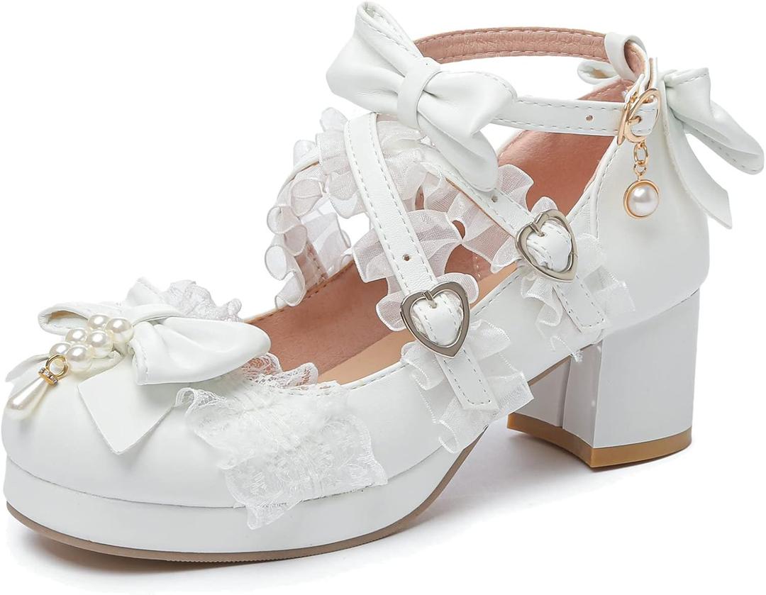 LUXMAX Women's Kawaii Shoes Cross Strap Pumps Cute Ankle Strap Mary Jane Shoes Wedding Lace Mid Chunky Heel Pumps (8, 1-white)