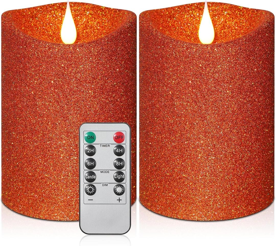 Retisee 2 Pcs Glitter Flameless Candles, 3.5'' x 5'' Realistic Artificial Metallic Flame LED Candles Battery Operated Candle with Remote for Halloween, Christmas, Wedding, Birthday (Orange)