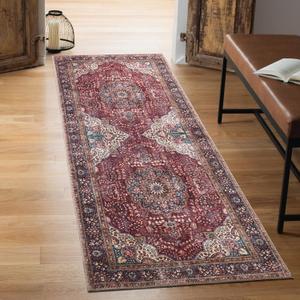 Keen Home Design 2x10 Rug - Machine Washable Runner Rug with Non-Slip Backing, Ideal for Hallway, Entryway, Kitchen, Laundry Room - Vintage, Easy Clean, Durable, Low Pile Rug - (2'6" x 10') (Red/Dark Beige)