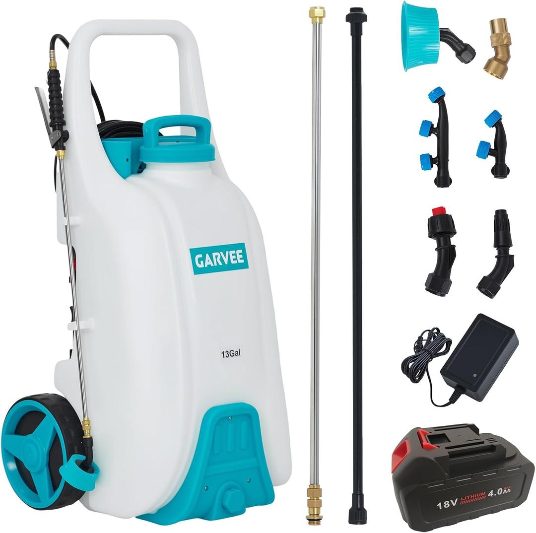 Garvee 13 Gallons Battery Powered Sprayer with Wheeled Cart, 18V 4Ah Electric Sprayer with 6 Nozzles & 2 Wands, 4-6 Hour Runtime, 80PSI Adjustable Pressure, Trigger Lock, Yard Sprayers for Lawn