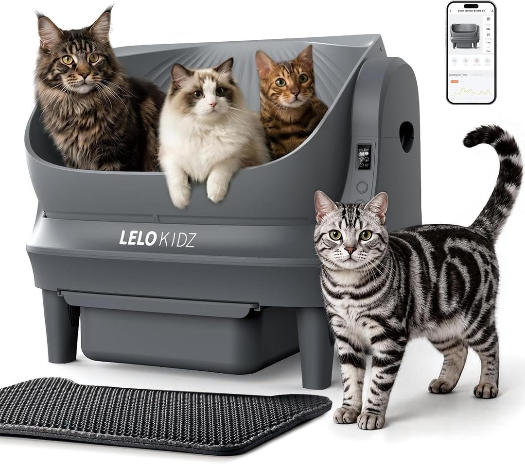 Self Cleaning Litter Box, Open Top 105L Automatic Litter Box for Multiple Cats, App Control, Safety Sensor, Anti-Pinch, Includes Mat & Liner - Gray