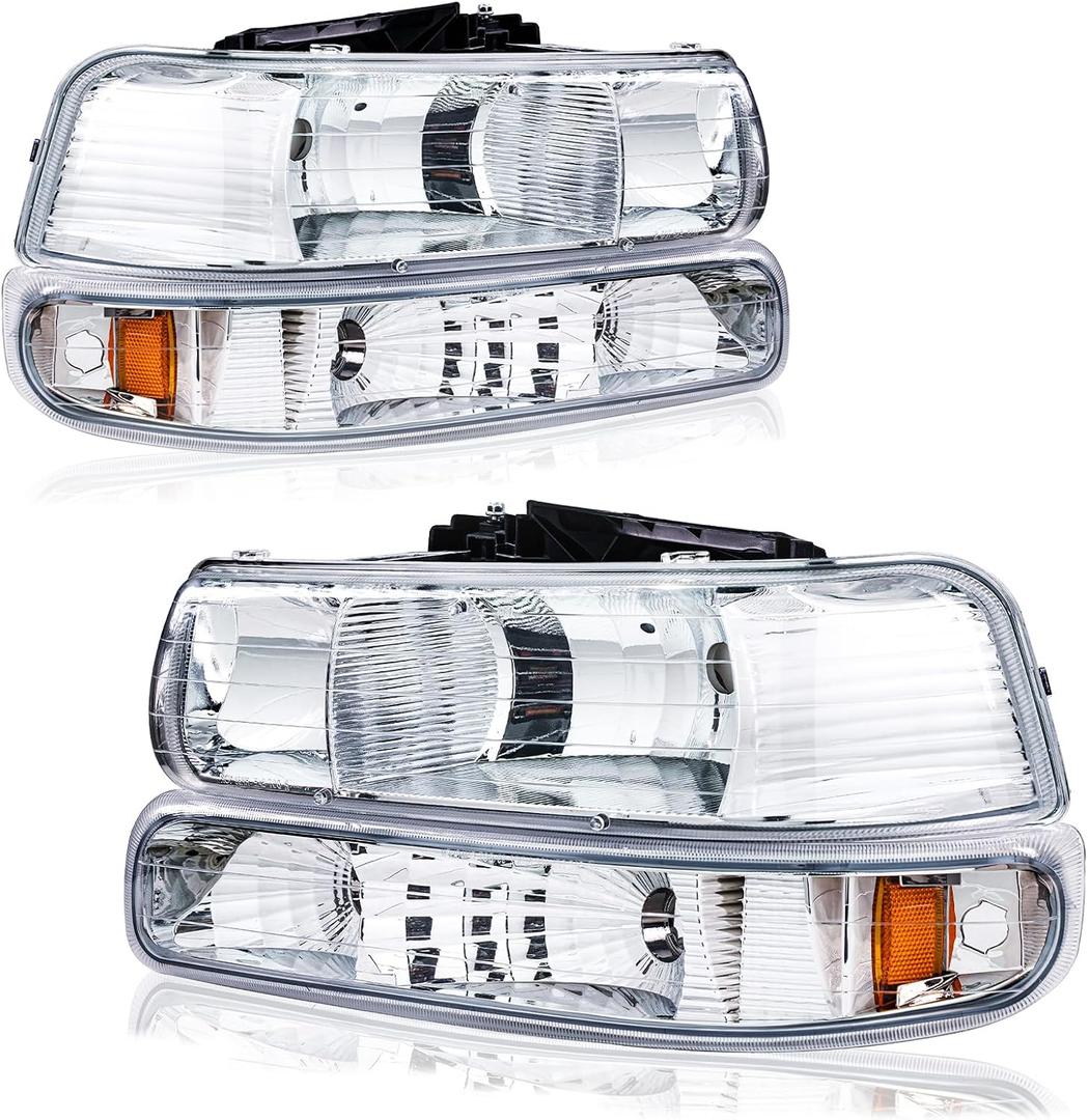 Headlights Assembly for 1999-2002 Chevy Silverado 1500 2500 1500HD 2500HD 3500/2000-2006 Tahoe Suburban 1500 2500 Replacements Headlamp Amber Reflector Chrome Housing