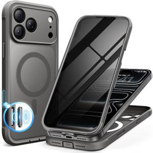 BERFY for iPhone 17 Pro Case, Compatible with MagSafe, Built-in Privacy Screen Protector, Camera Protection, Shockproof Full Body Phone Case 6.3", Translucent Grey