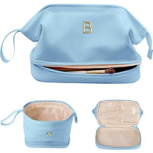 Monogrammed Gift for Women Girls, Initial Makeup Bag, Personalized Double Layer Cosmetic Bag with Makeup Brush Organizer, Large Capacity PU Leather Travel Toiletry Bag, Sister Gifts (Blue)