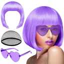 PLULON Purple Bob Wig and Sunglass Set, Neon Short Bob Wig Sunglass Pack Costume Colorful Cosplay Hairpieces for Bachelorette Neon Party Favors, Halloween Decorations
