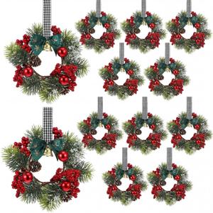 Zeyune 12 Pcs Small Christmas Wreaths for Kitchen Cabinets with Bow Ribbon Mini Cabinet Door Wreath Set Hanging Christmas Decor for Kitchen Window Outdoor Indoor, 14.96 x 7.87''(Simple Style)