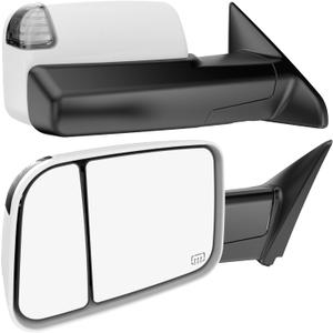 Heated Tow Mirrors Compatible with 2009-2018 Dodge Ram 1500, 2010-2018 2500 3500, 2019-2024 1500 Classic, Flip Up Extended Trailer Towing Side Mirrors with Puddle Light, Clear Lens White Housing