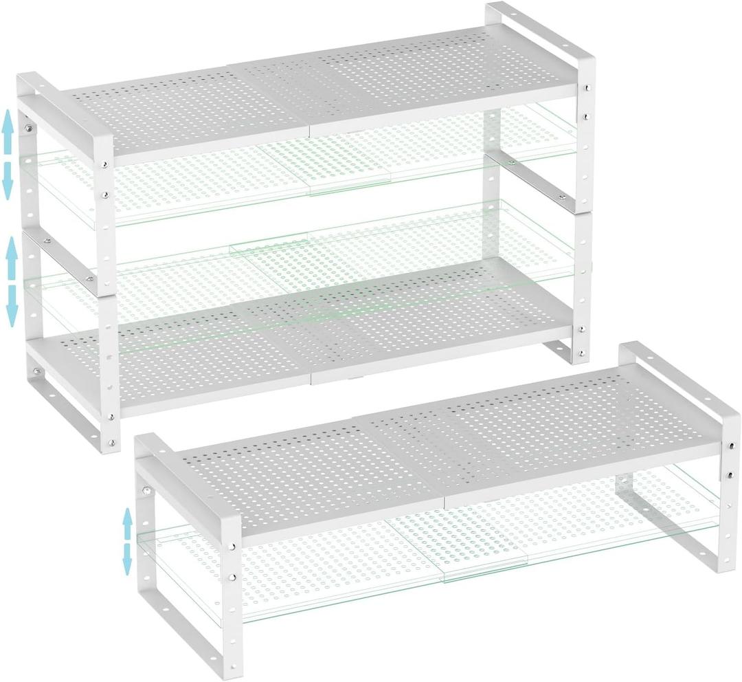 Expandable Spice Rack, Stackable Metal Pantry Storage Shelves Stand, Adjustable Height Cabinet Shelf Organizer Racks(3PACKS/WHITE,LARGE)