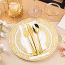 Bestluck 175PCS Gold Plastic Dinnerware Set for 25 Guests, Disposable Plates for Party, Wedding and Dinner, Include 25 Dinner Plates, 25 Dessert Plates, 25 Set Silverware, 25 Cups, 25 Napkins