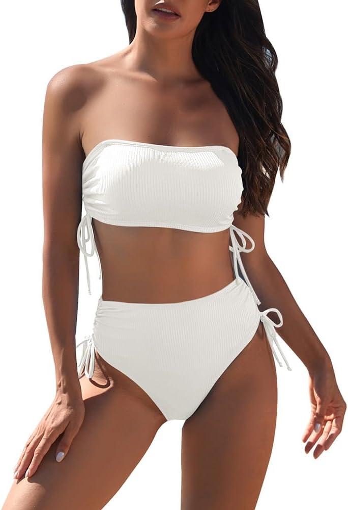 Pink Queen Women's 2 Piece High Waisted Bikini Sets Ribbed Bandeau Ruched Drawstring Swimsuit Bathing Suit (Large, White)