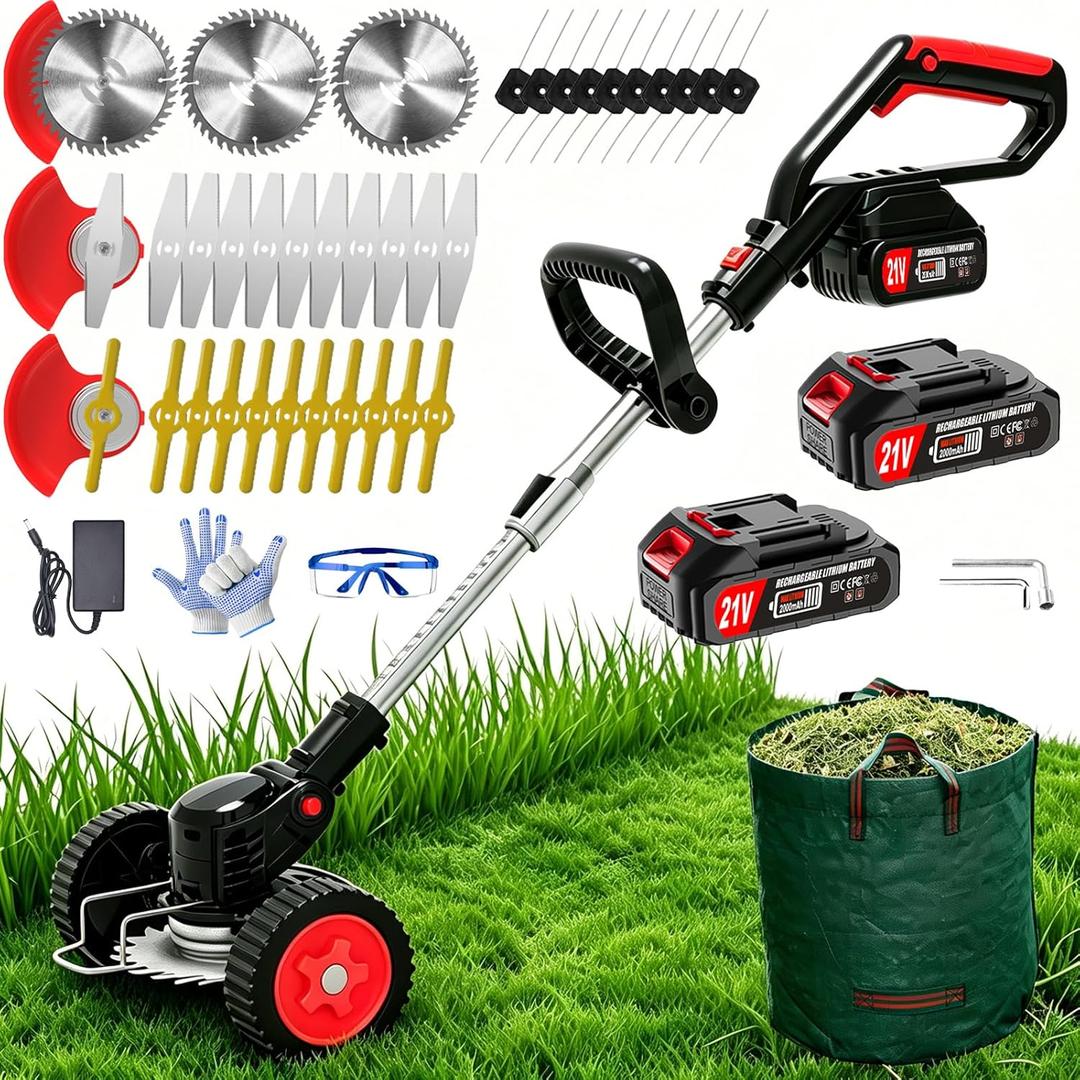 Electric Weed Wacker Cordless Eater, 21V String Trimmer Battery Powered with 2 Batteries, 3-in-1 Grass Trimmer/Lawn Edger/Brush Cutter with 4 Types Blades & Wheels, Weed Trimmer for Garden and Yard