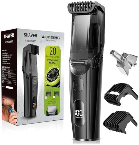 FERRISA Vacuum Beard Trimmer for Men, Rechargeable Mustache Trimmer for Men with Adjustable Length Comb, Cordless Electric Mens Beard Trimmer with Built-in Vacuum for Mustache, Sideburns