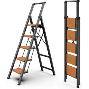 WOA WOA 5 Step Ladder, Ladders for Home, Anti-Slip Pedals, Aluminum Step Stool Foldable, Lightweight to Move, Ease of Storage, Reach 10ft for Closet Kitchen Library, Hold 300lbs - Black&Wood Grain