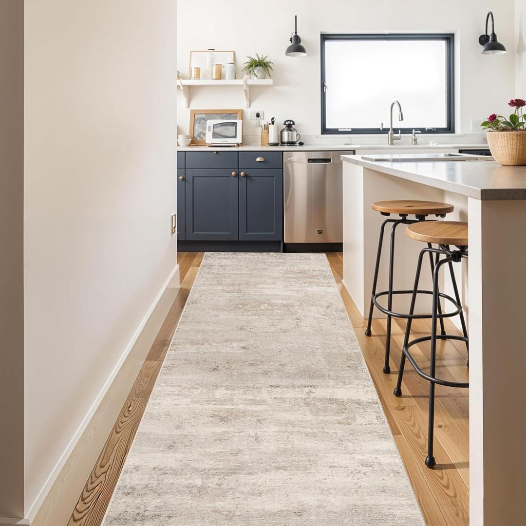 3x10 Washable Hallway Runner Rug - Indoor Modren Abstract Kitchen Carpet with Non Slip Backing Home Decor Long Rugs for Bedroom Laundry Entryway Ultra Soft Floor Mat for Bathroom 3x10 Beige