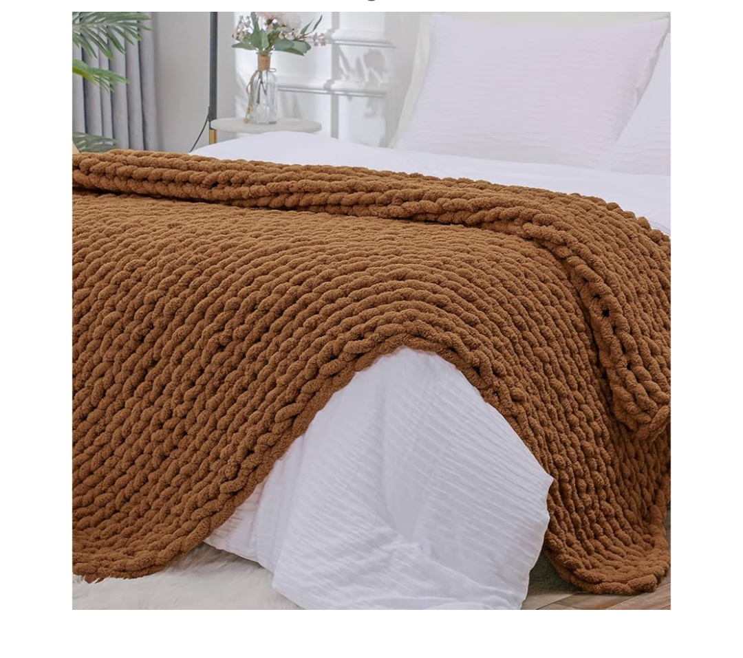 Bigacogo Chunky Knit Throw Blanket for Couch, 51x63 inches, 100% Hand Knitted with Thick Jumbo Chenille Yarn, Cozy Soft Large Rope Knot Cable Crochet Blankets for Sofa Bed Living Room, Caramel