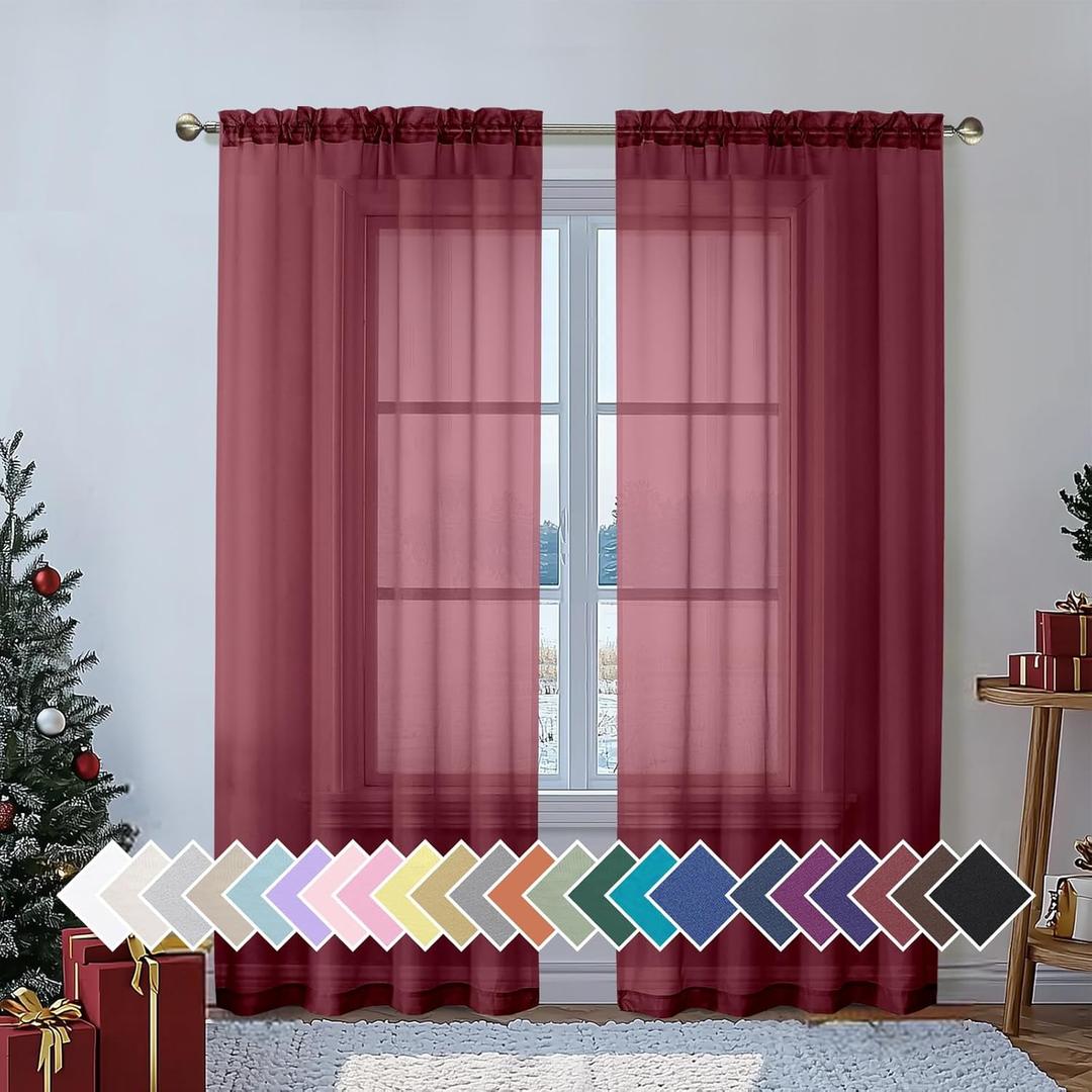 Aiyufeng Sheer Voile Window Treatment Rod Pocket Curtain Panels for Kitchen Bedroom Living Room Drapes Sunlight Filtering Privacy Semi Home Decor Assorted Colors Sizes (Burgundy, 40 W x 72 L)