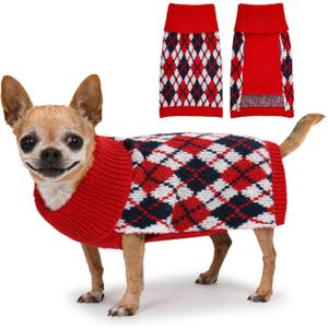 Dog Sweater for Small Dogs Plaid Checkered Knit Turtleneck Pullover Winter Clothes Boys Girls Stretch Puppy Doggie Chihuahua Yorkie Toy Poodle Pomeranian Christmas Pet XS