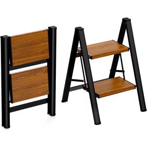 HBTower 2 Step Ladder,Lightweight Aluminum Folding Step Stool with Anti-Slip Wide Pedal,330lbs Capacity Step Ladder for Household,Kitchen,Office - BlackWoodgrain
