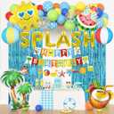 Summer Pool Beach Party Decorations, Splash Birthday Bash Party Supplies Tropical Summer Banner Beach Ball Lantern Fringe Curtain Foil Balloons Arch for Swimming Water Luau Hawaiian Party Decor(Blue)