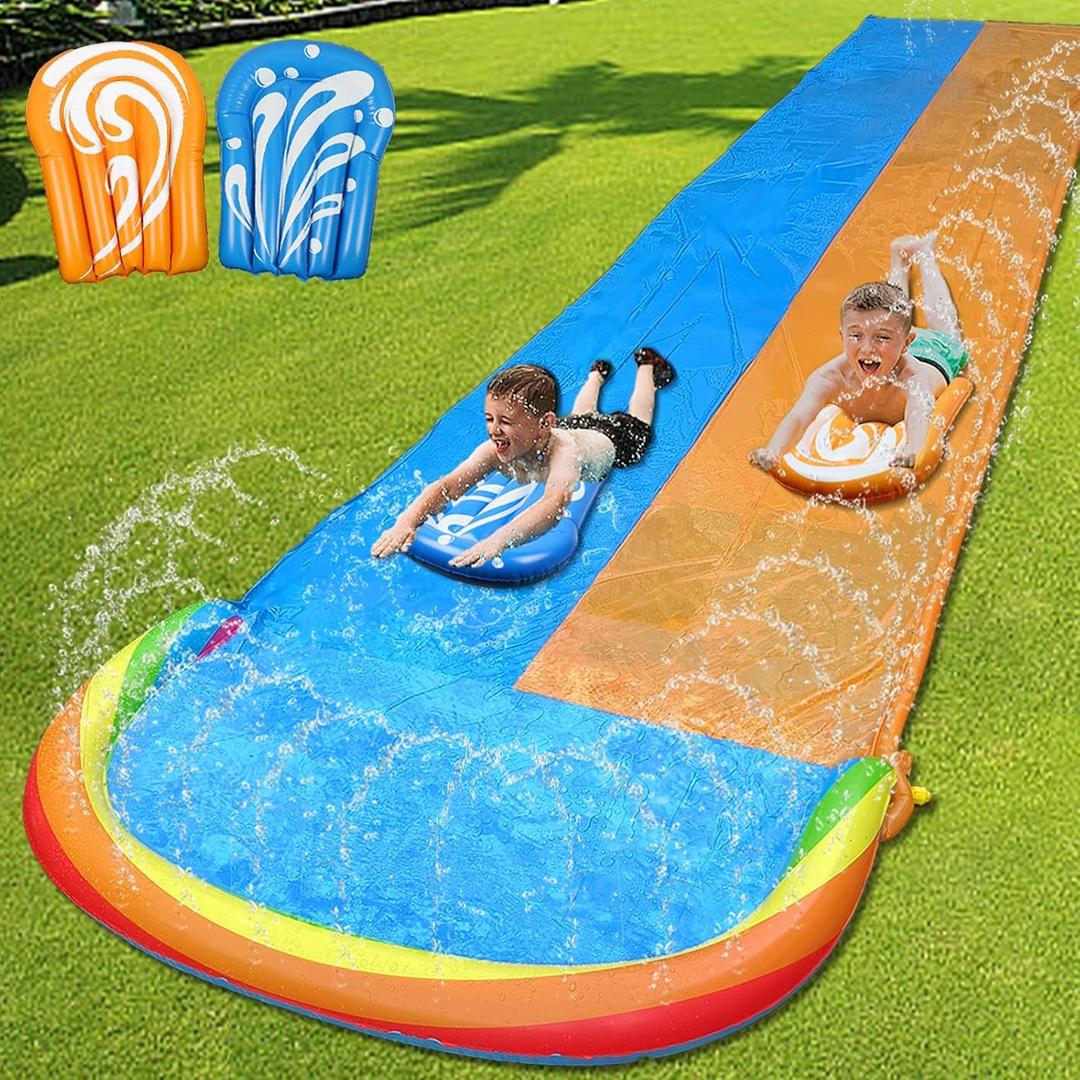 MorTime 22.5ft Slip Water Slide with Sprinklers, Slip and Slide with 2 Inflatable Bodyboards and Splash Pool Waterslide Backyard Lawn Outdoor Water Toy