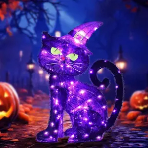 Halloween Decorations Outside Witch Cat - HOYECHI Outdoor Halloween Decor Lighted Black Cat 2ft, Light Up Cat with 85 Led Lights, Ground Stakes, for Front Yard Porch Gardens Lawns Party