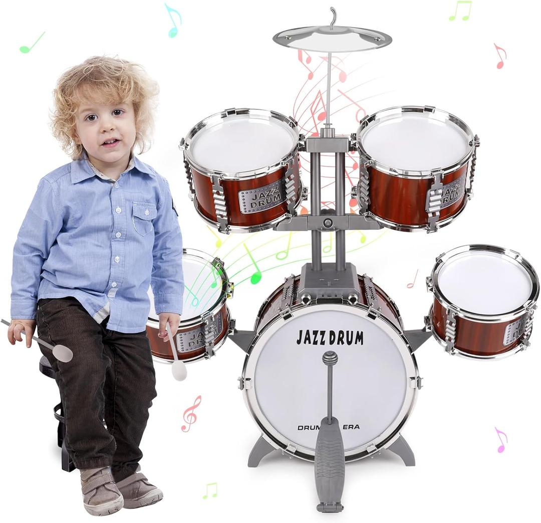 Toy Drum Set for Kids Ages 3-5 Toddler Jazz Drum Kit with 5 Drums Musical Instruments Toys for 3 4 5 Year Old Boys Girls Gifts (Brown)