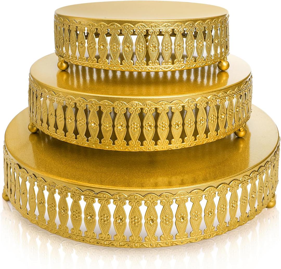 Goaste 3 Pack Cake Stand Set, Round Metal Cake Stands, Dessert Cupcake Pastry Candy Display Plate for Wedding, Birthday, Party, Event, Anniversary, Table Decoration, Gold, 8"/10"/12" Goaste 3 Pack Cake Stand Set, Round Metal Cake Stands, Dessert Cupcake Pastry Candy Display Plate for Wedding, Birthday, Party, Event, Anniversary, Table Decoration, Gold, 8"/10"/12"
