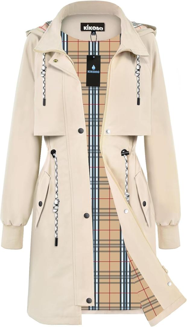 Women Waterproof Lightweight Long Rain Jacket Trench Coat with Adjustable Back Storm Shield,Check Lined&2-Way Zip (Beige, S)