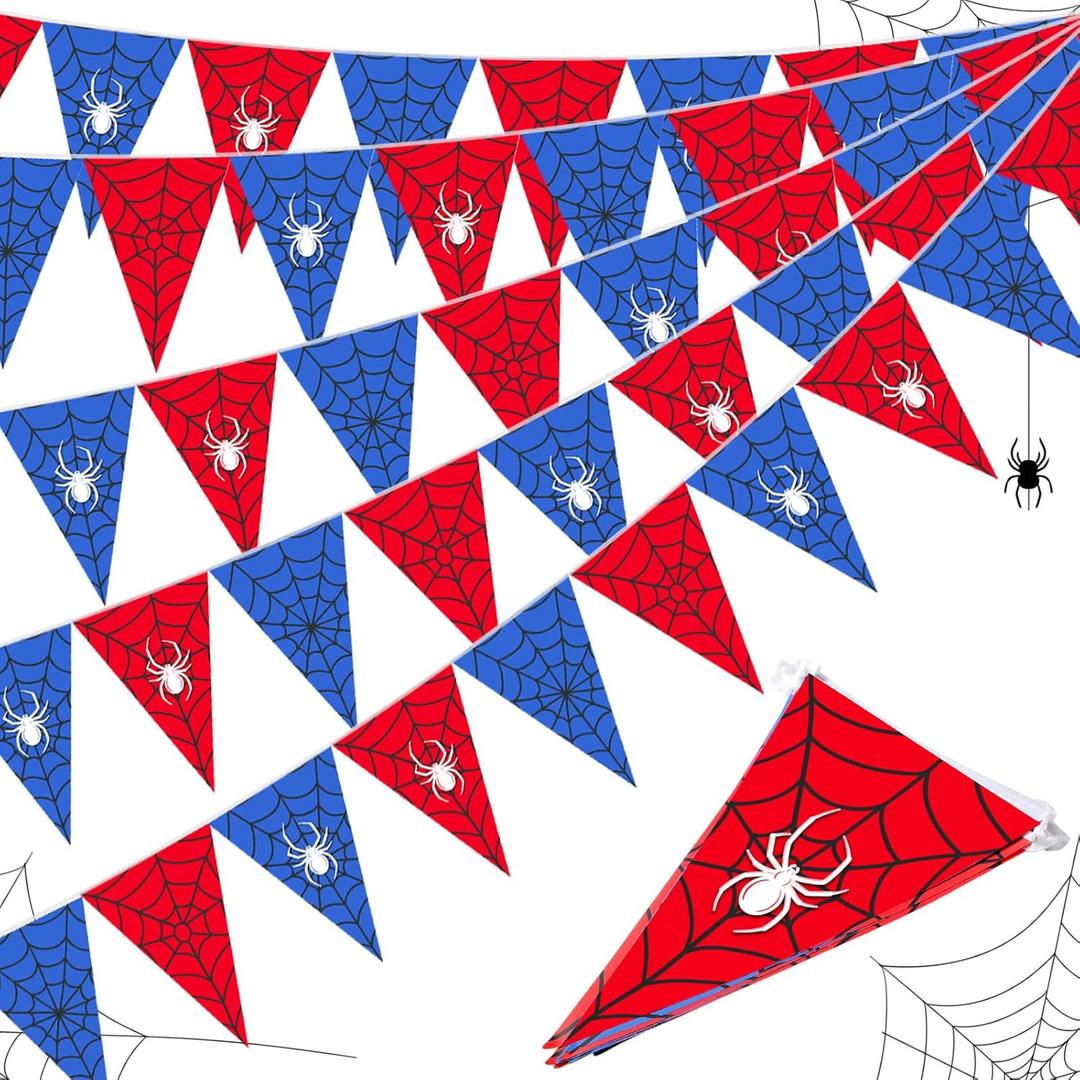 Tiamon 5 Pcs Spider Web Birthday Party Decorations Spider Theme Birthday Triangle 49.2 ft Flag Red Black Blue Pennant Banner Garland Streamer for Baby Shower Cartoon Movie Party Supply