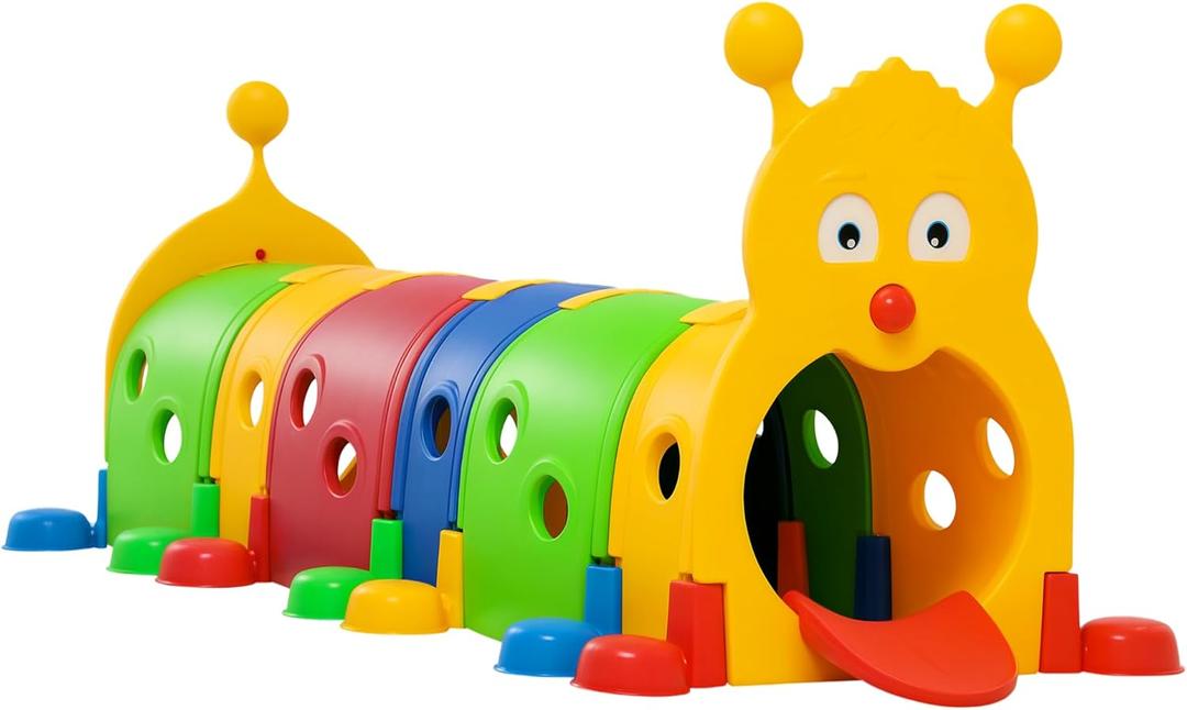 Qaba Caterpillar Tunnel, Toddler Tunnel for Kids Crawl and Climb Through, Kids' Play Structure Indoor Outdoor, 6 Sections, Multicolored