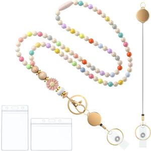 Uniclife Teacher Lanyard with ID Holder, Badge Lanyards for Women, Wooden Beaded Lanyard, Retractable Breakaway Lanyards for ID Badges and Keys, Cute Keychain Lanyard