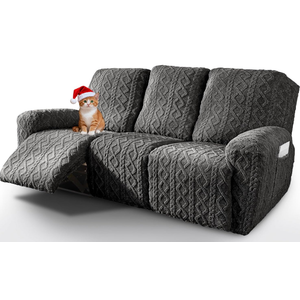 vctops 8 Pieces Geometric Jacquard Plush Recliner Sofa Covers Soft Fuzzy Fluffy 3 Seats Couch Cover Anti-Slip Sofa Slipcover Furniture Protector with Elastic Bottom for Kids Pet(Dark Grey,3 Seat)