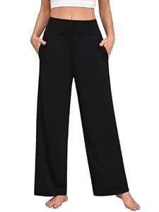 Braroz Womens Casual Soft Comfy Drape Flowy Lounge Pants Elastic High Waisted Palazzo Pajama Bottoms with Pockets Black L