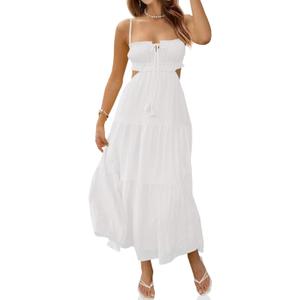 Fisoew Women's Spaghetti Strap Maxi Dress Summer Sleeveless Side Cut Out Dress Casual Boho Backless Flowy Long Dresses (White)