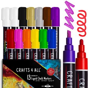 Crafts 4 All Liquid Chalk Markers for Blackboard Signs, Bistro Menu, Car Window Glass - Dry Erase, Washable - 13 Colored Chalk Pens w/Reversible Tips & Tweezers - Bonus White Chalkboard Marker