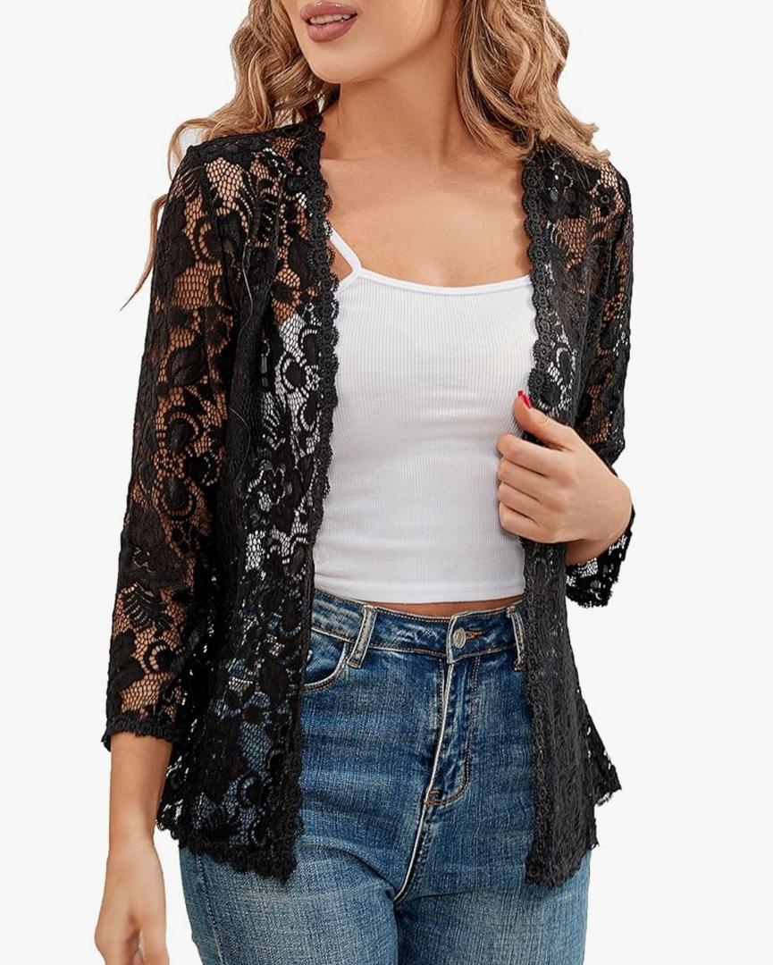BENANCY Women's 3/4 Sleeve Bolero Shrugs Crochet Lace Open Cardigan, L